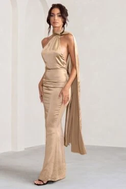 Mademoiselle | Champagne Satin Asymmetric Scarf Neck Backless Maxi Dress -ENY Clothing Shop WB CC HR BR CL127576 MademoiselleChampagneSatinAsymmetricScarfNeckBacklessMaxiDress2
