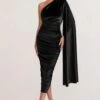 Gianna | Black Velvet One Shoulder Cape Bodycon Midi Dress