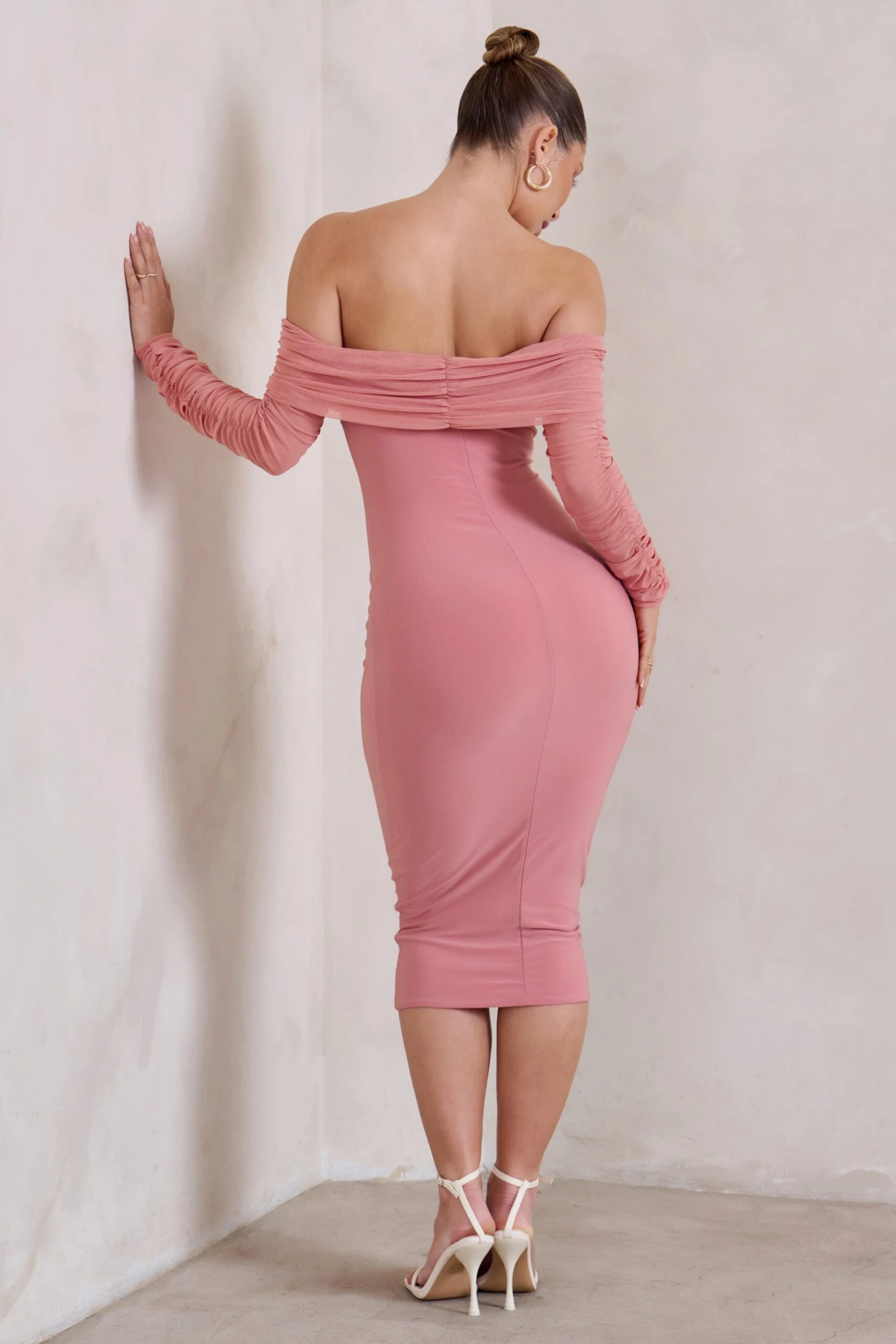 Only You | Powder Pink Ruched Mesh Bardot Midi Dress 4 Only You | Powder Pink Ruched Mesh Bardot Midi Dress - Image 2