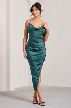 Risk It All | Teal Blue Satin Cami Cowl Neck Asymmetric Hem Midi Dress -ENY Clothing Shop WB CC HR CL126039062 RiskItAll TealBlueSatinCamiCowlNeckAsymmetricHemDress2