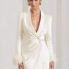 VIP | Ivory Satin Plunge Neck Blazer Mini Dress With Feather Cuff -ENY Clothing Shop WB CC HR CL126149005 VIPWhitePlungeSatinFeatherBlazerMiniDress0