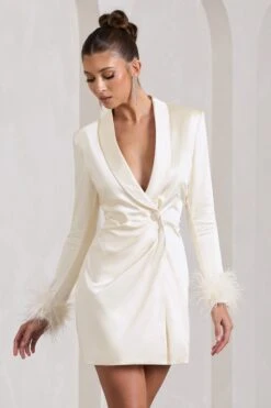 VIP | Ivory Satin Plunge Neck Blazer Mini Dress With Feather Cuff -ENY Clothing Shop WB CC HR CL126149005 VIPWhitePlungeSatinFeatherBlazerMiniDress1