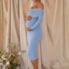 Patiently Waiting | Powder Blue Maternity Ruched Mesh Bardot Midi Dress -ENY Clothing Shop WB CC HR CL126178 Powderblue Maternity Ruched Mesh Bardot Midi Dress0