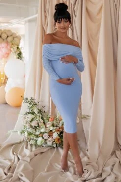 Patiently Waiting | Powder Blue Maternity Ruched Mesh Bardot Midi Dress 11 Patiently Waiting | Powder Blue Maternity Ruched Mesh Bardot Midi Dress -ENY Clothing Shop WB CC HR CL126178 Powderblue Maternity Ruched Mesh Bardot Midi Dress2
