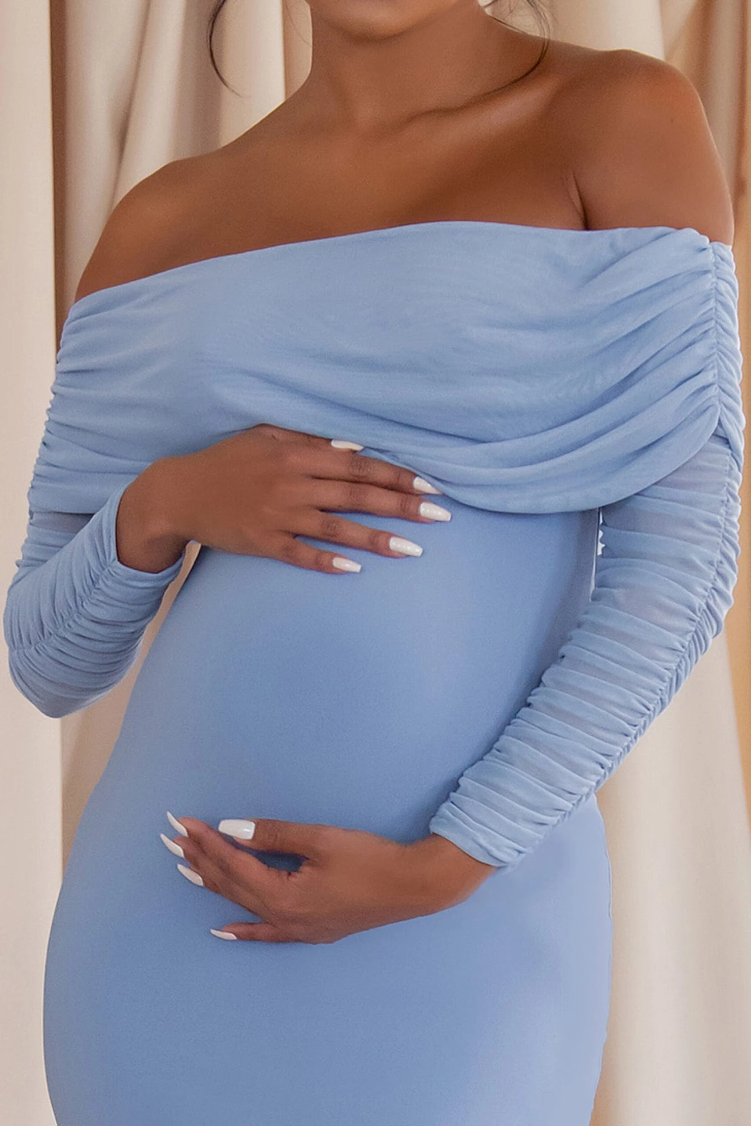 Patiently Waiting | Powder Blue Maternity Ruched Mesh Bardot Midi Dress 5 Patiently Waiting | Powder Blue Maternity Ruched Mesh Bardot Midi Dress - Image 3