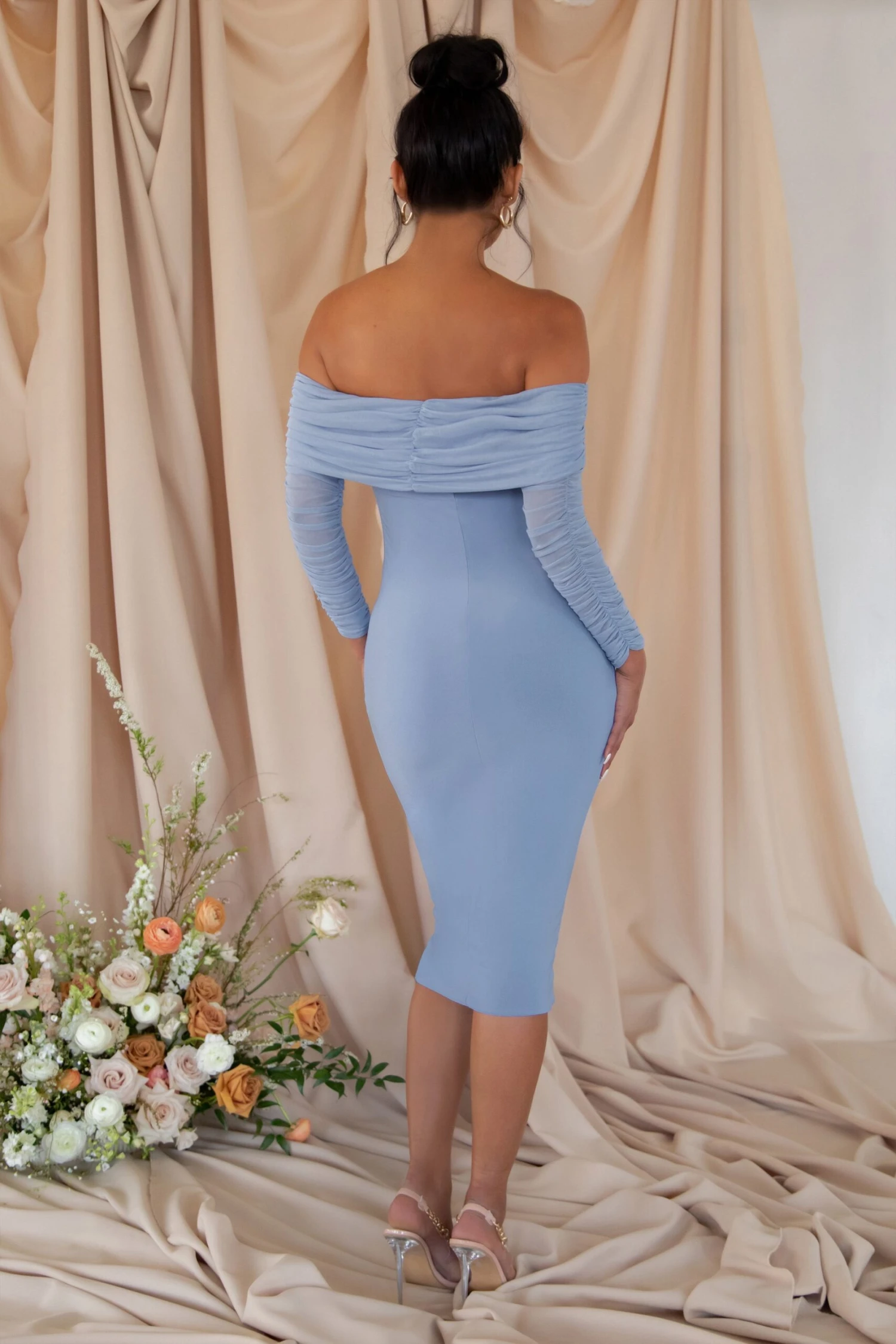 Patiently Waiting | Powder Blue Maternity Ruched Mesh Bardot Midi Dress 4 Patiently Waiting | Powder Blue Maternity Ruched Mesh Bardot Midi Dress - Image 2