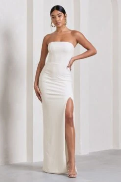 Belle Of The Ball | White Bandeau Maxi Dress With Split Hem -ENY Clothing Shop WB CC HR CL126722005 BelleofTheBallWhiteBardotThighSplitMaxiDress2