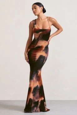 Phantasy |Orange Smoke Print Asymmetric Neckline Cowl Maxi Dress -ENY Clothing Shop WB CC HR CL126730167 PhantasyBurntOrangeSmokeyAsymmetricNecklineCowlMaxiDress1