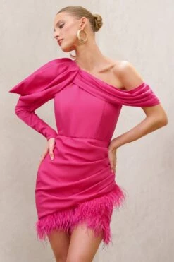 RSVP | Hot Pink Asymmetric Volume Sleeve Draped Feather Mini Dress -ENY Clothing Shop WB CC HR CL126763 RSVP HotPinkAsymmetricVolumeSleeveDrapedFeatherMiniDress1