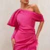 RSVP | Hot Pink Asymmetric Volume Sleeve Draped Feather Mini Dress -ENY Clothing Shop WB CC HR CL126763 RSVP HotPinkAsymmetricVolumeSleeveDrapedFeatherMiniDress4