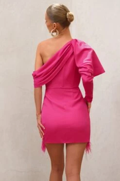 RSVP | Hot Pink Asymmetric Volume Sleeve Draped Feather Mini Dress -ENY Clothing Shop WB CC HR CL126763 RSVP HotPinkAsymmetricVolumeSleeveDrapedFeatherMiniDress8