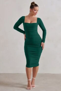 Seductress | Bottle Green Square Neck Bodycon Midi Dress With Long Sleeves -ENY Clothing Shop WB CC HR CL127075 SeductressBottleGreenLongSleeveSquareNeckRuchedMidiDress1