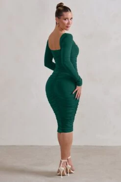 Seductress | Bottle Green Square Neck Bodycon Midi Dress With Long Sleeves -ENY Clothing Shop WB CC HR CL127075 SeductressBottleGreenLongSleeveSquareNeckRuchedMidiDress5