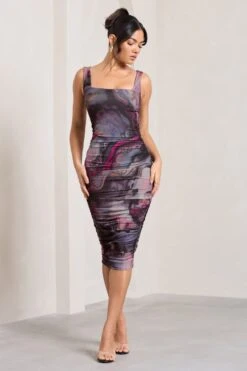 Lisbon | Marble Blue Print Square Neck Ruched Midi Dress -ENY Clothing Shop WB CC HR CL127326168 Lisbon MarbleBluePrintSquareNeckRuchedMidiDress2