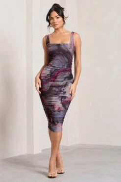 Lisbon | Marble Blue Print Square Neck Ruched Midi Dress -ENY Clothing Shop WB CC HR CL127326168 Lisbon MarbleBluePrintSquareNeckRuchedMidiDress3