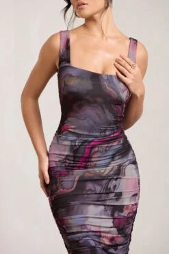 Lisbon | Marble Blue Print Square Neck Ruched Midi Dress -ENY Clothing Shop WB CC HR CL127326168 Lisbon MarbleBluePrintSquareNeckRuchedMidiDress4