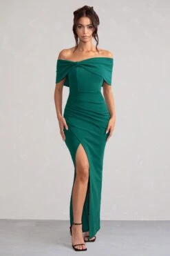 Eva | Green Bardot Bow Detail Maxi Dress With Thigh Split 10 Eva | Green Bardot Bow Detail Maxi Dress With Thigh Split -ENY Clothing Shop WB CC HR CL127770 EvaBottleGreenBardotBowDetailMaxiDressWithThighSplit0