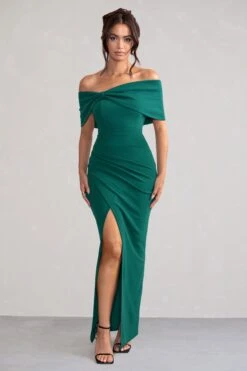 Eva | Green Bardot Bow Detail Maxi Dress With Thigh Split 11 Eva | Green Bardot Bow Detail Maxi Dress With Thigh Split -ENY Clothing Shop WB CC HR CL127770 EvaBottleGreenBardotBowDetailMaxiDressWithThighSplit1