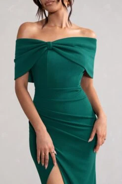 Eva | Green Bardot Bow Detail Maxi Dress With Thigh Split 9 Eva | Green Bardot Bow Detail Maxi Dress With Thigh Split -ENY Clothing Shop WB CC HR CL127770 EvaBottleGreenBardotBowDetailMaxiDressWithThighSplit3