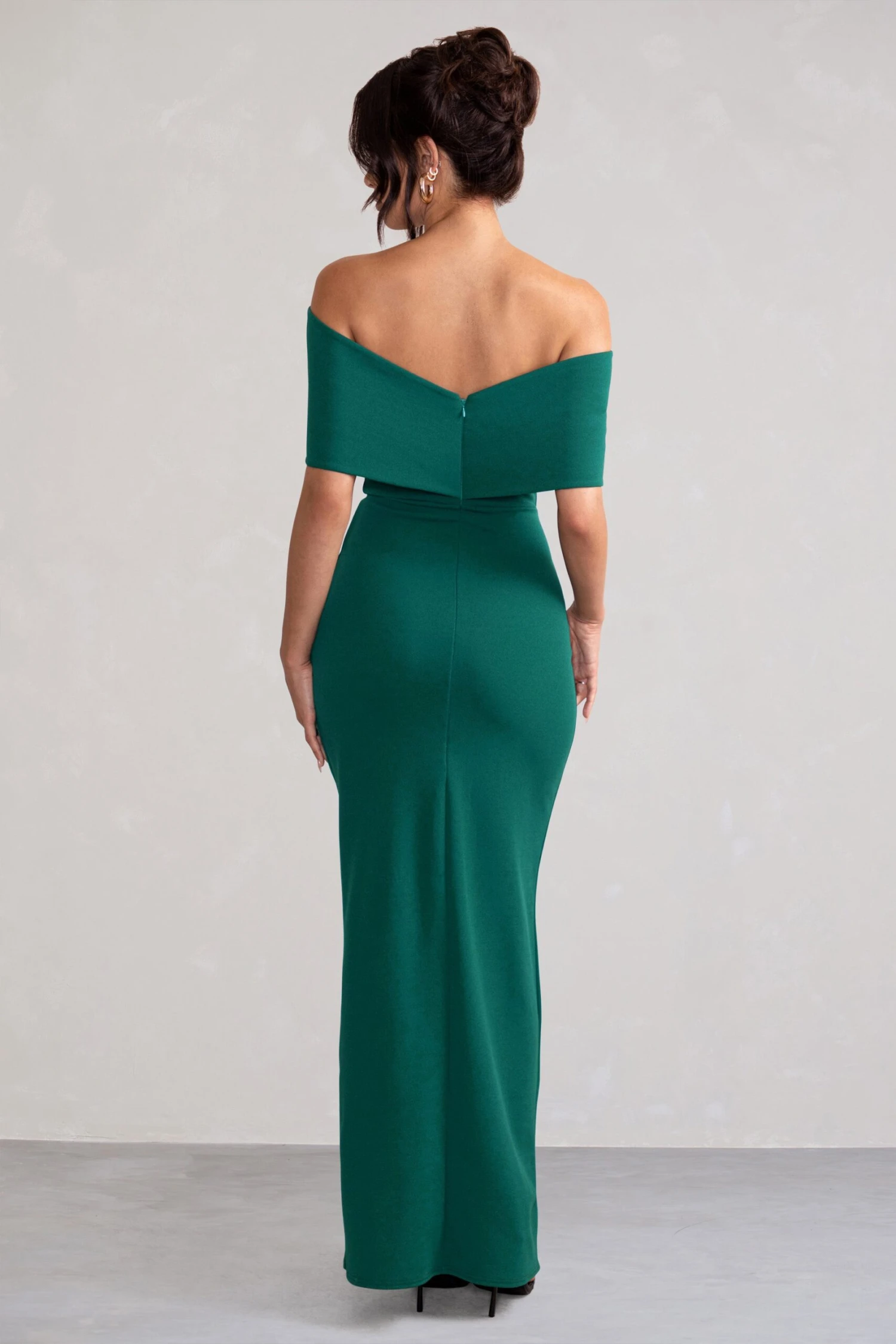 Eva | Green Bardot Bow Detail Maxi Dress With Thigh Split 4 Eva | Green Bardot Bow Detail Maxi Dress With Thigh Split - Image 2