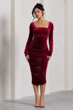Seductress | Berry Velvet Square Neck Bodycon Midi Dress With Long Sleeves -ENY Clothing Shop WB CC HR CL127976047 SeductressBerryVelvetSquareNeckBodyconMidiDressWithLongSleeves2copy