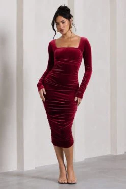 Seductress | Berry Velvet Square Neck Bodycon Midi Dress With Long Sleeves -ENY Clothing Shop WB CC HR CL127976047 SeductressBerryVelvetSquareNeckBodyconMidiDressWithLongSleeves3copy