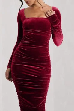 Seductress | Berry Velvet Square Neck Bodycon Midi Dress With Long Sleeves -ENY Clothing Shop WB CC HR CL127976047 SeductressBerryVelvetSquareNeckBodyconMidiDressWithLongSleeves5copy