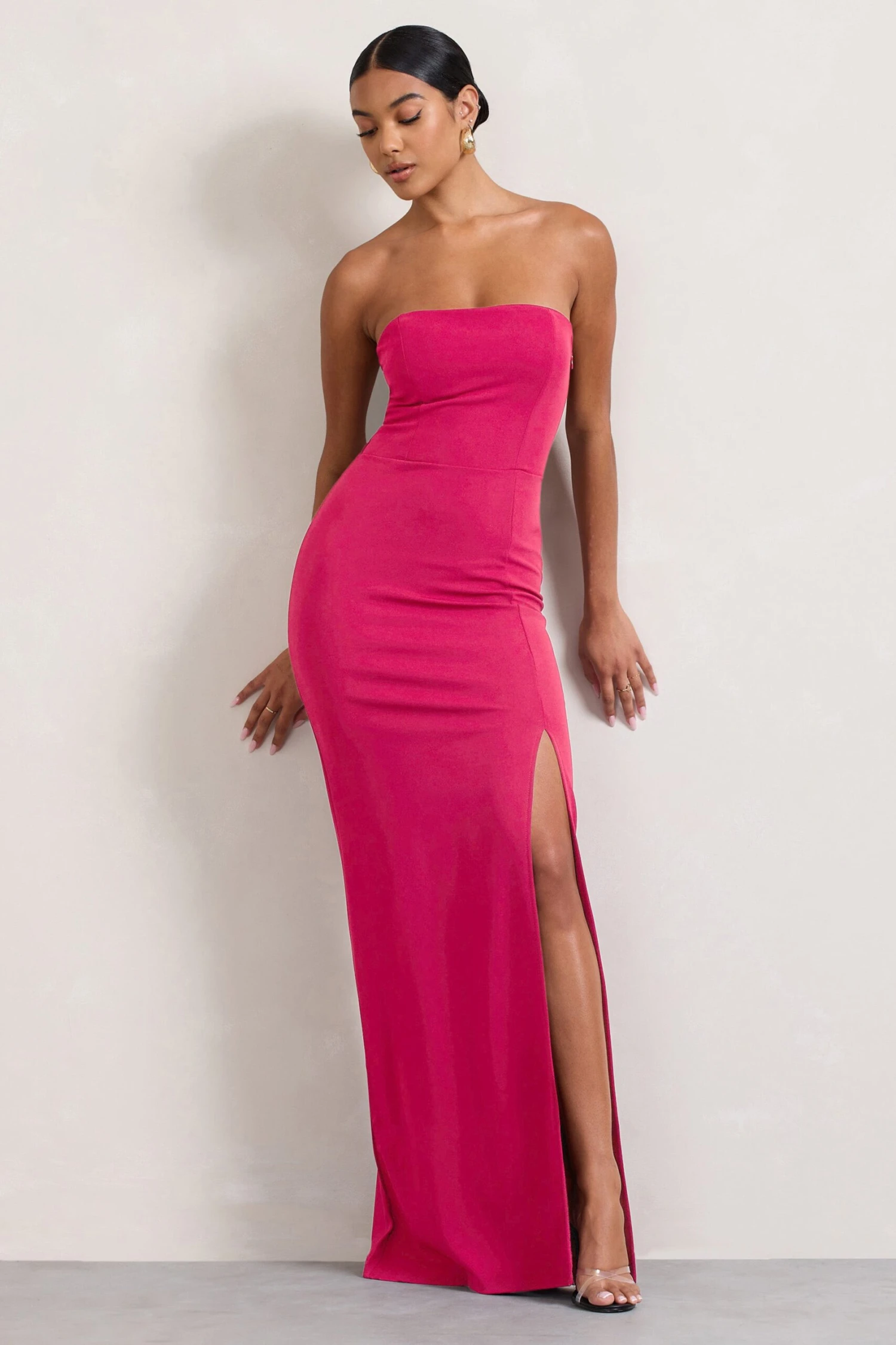 Belle Of The Ball | Hot Pink Bandeau Maxi Dress With Split Hem 7 Belle Of The Ball | Hot Pink Bandeau Maxi Dress With Split Hem - Image 5