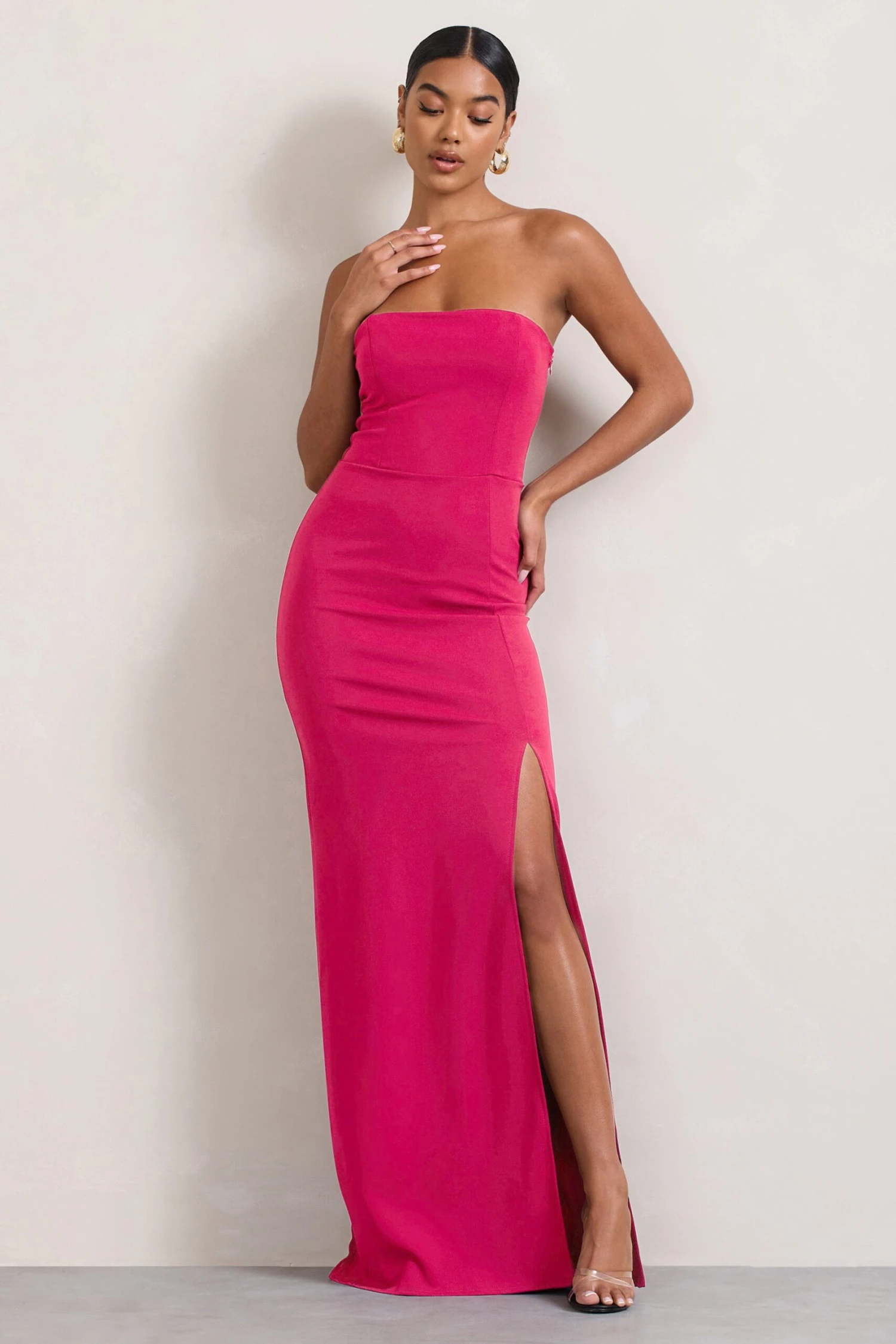 Belle Of The Ball | Hot Pink Bandeau Maxi Dress With Split Hem 3 Belle Of The Ball | Hot Pink Bandeau Maxi Dress With Split Hem
