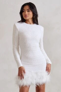 Claudia | White Sequin High Neck Feather Hem Mini Dress With Long Sleeves -ENY Clothing Shop WB CC HR CL128035 ClaudiaWhiteSequinHighNeckFeatherHemMiniDressWithLongSleeves2