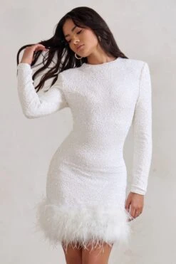Claudia | White Sequin High Neck Feather Hem Mini Dress With Long Sleeves -ENY Clothing Shop WB CC HR CL128035 ClaudiaWhiteSequinHighNeckFeatherHemMiniDressWithLongSleeves3