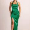 Niomie | Bottle Green Satin Halter Neck Knot Maxi Dress 2 Niomie | Bottle Green Satin Halter Neck Knot Maxi Dress -ENY Clothing Shop WB CC HR CL128197 NiomieBottleGreenSatinHalterNeckKnotMaxiDress0