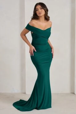 Apolline | Bottle Green Off The Shoulder Ruched Fishtail Maxi Dress -ENY Clothing Shop WB CC HR CL128394 ApollineBottleGreenOffTheShoulderRuchedFishtailMaxiDress2