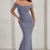 Apolline | Grey Off The Shoulder Ruched Fishtail Maxi Dress -ENY Clothing Shop WB CC HR CL128394 ApollineGreyOffTheShoulderRuchedFishtailMaxiDress0