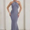 Genevieve | Grey Twist High Neck Drape Detail Maxi Dress