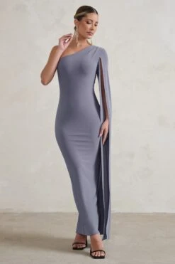 Dominique | Grey One Shoulder Cape Sleeve Bodycon Maxi Dress -ENY Clothing Shop WB CC HR CL128400 DominiqueGreyOneShoulderCapeSleeveBodyconMaxiDress1