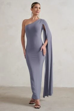 Dominique | Grey One Shoulder Cape Sleeve Bodycon Maxi Dress -ENY Clothing Shop WB CC HR CL128400 DominiqueGreyOneShoulderCapeSleeveBodyconMaxiDress3