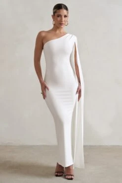 Dominique | White One Shoulder Cape Sleeve Bodycon Maxi Dress -ENY Clothing Shop WB CC HR CL128400 DominiqueWhiteOneShoulderCapeSleeveBodyconMaxiDress1