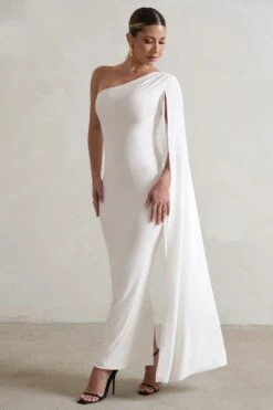 Dominique | White One Shoulder Cape Sleeve Bodycon Maxi Dress -ENY Clothing Shop WB CC HR CL128400 DominiqueWhiteOneShoulderCapeSleeveBodyconMaxiDress3
