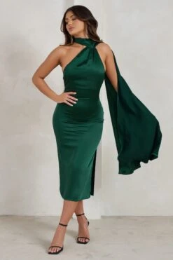 Madame | Bottle Green Satin Asymmetric Scarf Neck Backless Midi Dress -ENY Clothing Shop WB CC HR CL128417 MadameBottleGreenSatinAsymmetricScarfNeckBacklessMidiDress3
