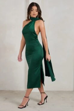 Madame | Bottle Green Satin Asymmetric Scarf Neck Backless Midi Dress -ENY Clothing Shop WB CC HR CL128417 MadameBottleGreenSatinAsymmetricScarfNeckBacklessMidiDress4