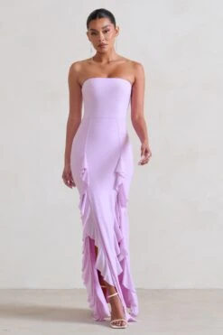 Susan | Lilac Bandeau Maxi Dress With Ruffled Splits -ENY Clothing Shop WB CC HR CL128458 Susan DuskGreyBandeauMaxiDressWithRuffledSplits3