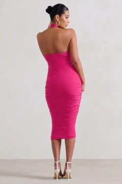 Chrissy | Hot Pink Maternity Halterneck Ruched Midi Dress -ENY Clothing Shop WB CC HR CL128471 ChrissyHotPinkMaternityHalterneckRuchedMidiDress4