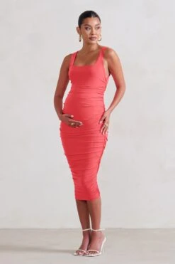 Lisbon | Coral Maternity Square Neck Ruched Midi Dress