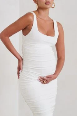 Lisbon | White Maternity Square Neck Ruched Midi Dress -ENY Clothing Shop WB CC HR CL128472 LisbonWhiteMaternitySquareNeckRuchedMidiDress3