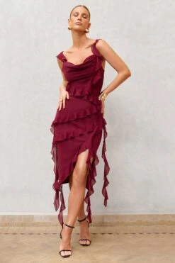 Havana Heat | Burgundy Cowl Ruffle Chiffon Midi Dress -ENY Clothing Shop WB CC HR CL128614 HavanaHeatBurgundyCowlRuffleChiffonMidiDress2