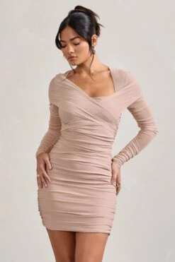 Sparks Fly | Nude Ruched Mesh Long-Sleeved Bodycon Mini Dress -ENY Clothing Shop WB CC HR CL128825059 SparksFly ChampagneRuchedMeshLong SleevedBodyconMiniDress2