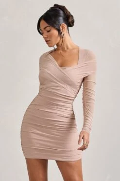 Sparks Fly | Nude Ruched Mesh Long-Sleeved Bodycon Mini Dress -ENY Clothing Shop WB CC HR CL128825059 SparksFly ChampagneRuchedMeshLong SleevedBodyconMiniDress3
