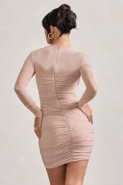 Sparks Fly | Nude Ruched Mesh Long-Sleeved Bodycon Mini Dress -ENY Clothing Shop WB CC HR CL128825059 SparksFly ChampagneRuchedMeshLong SleevedBodyconMiniDress5