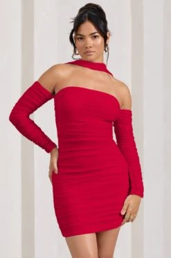 Thea | Red Ruched Long-Sleeved Bodycon Mini Dress With Halter Collar -ENY Clothing Shop WB CC HR CL128828005 Thea RedRuchedLong SleevedBodyconMiniDressWithHalterCollar2
